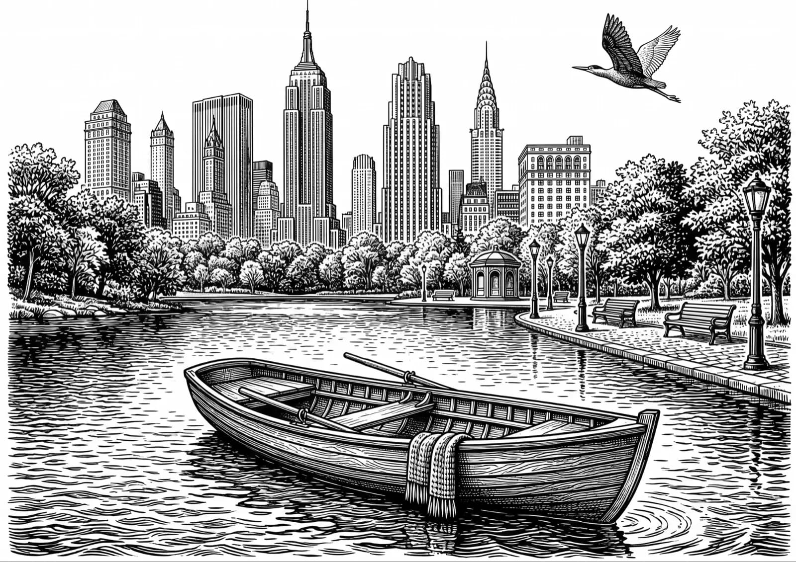 Line engraving of a rowboat on a park lake with the New York City skyline behind it